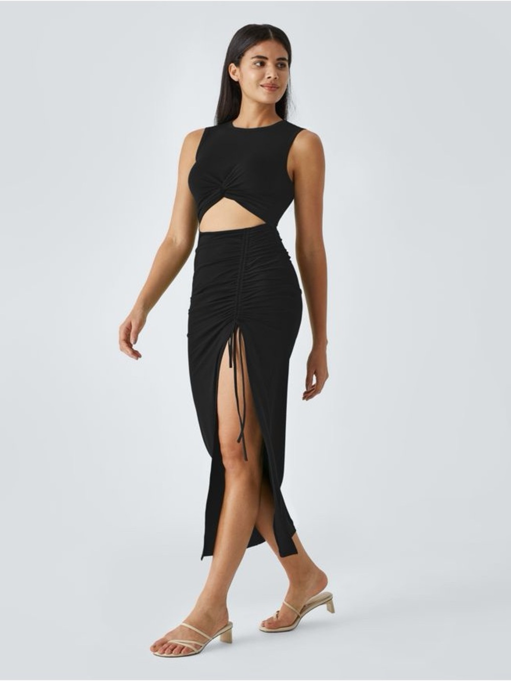 NWT Halara Round Neck Cut Out Ruched Drawstring Hem Bodycon Maxi Casual Dress